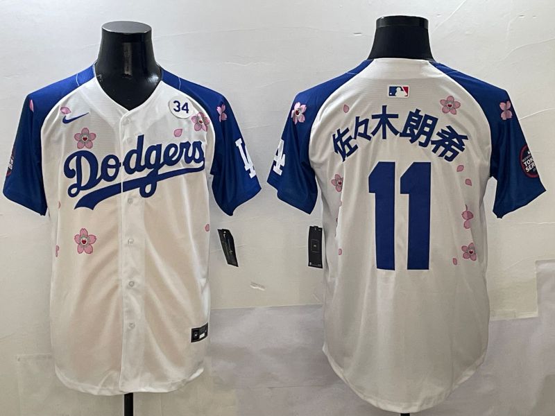 Men Los Angeles Dodgers #11 R.Sasaki White Blue Sakura Edition 2025 Nike MLB Jersey style 7->los angeles dodgers->MLB Jersey